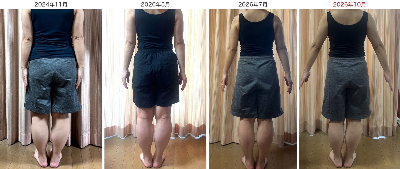 2024年11月・2026年5月・2026年7月・2026年10月の体型比較（後ろ姿）