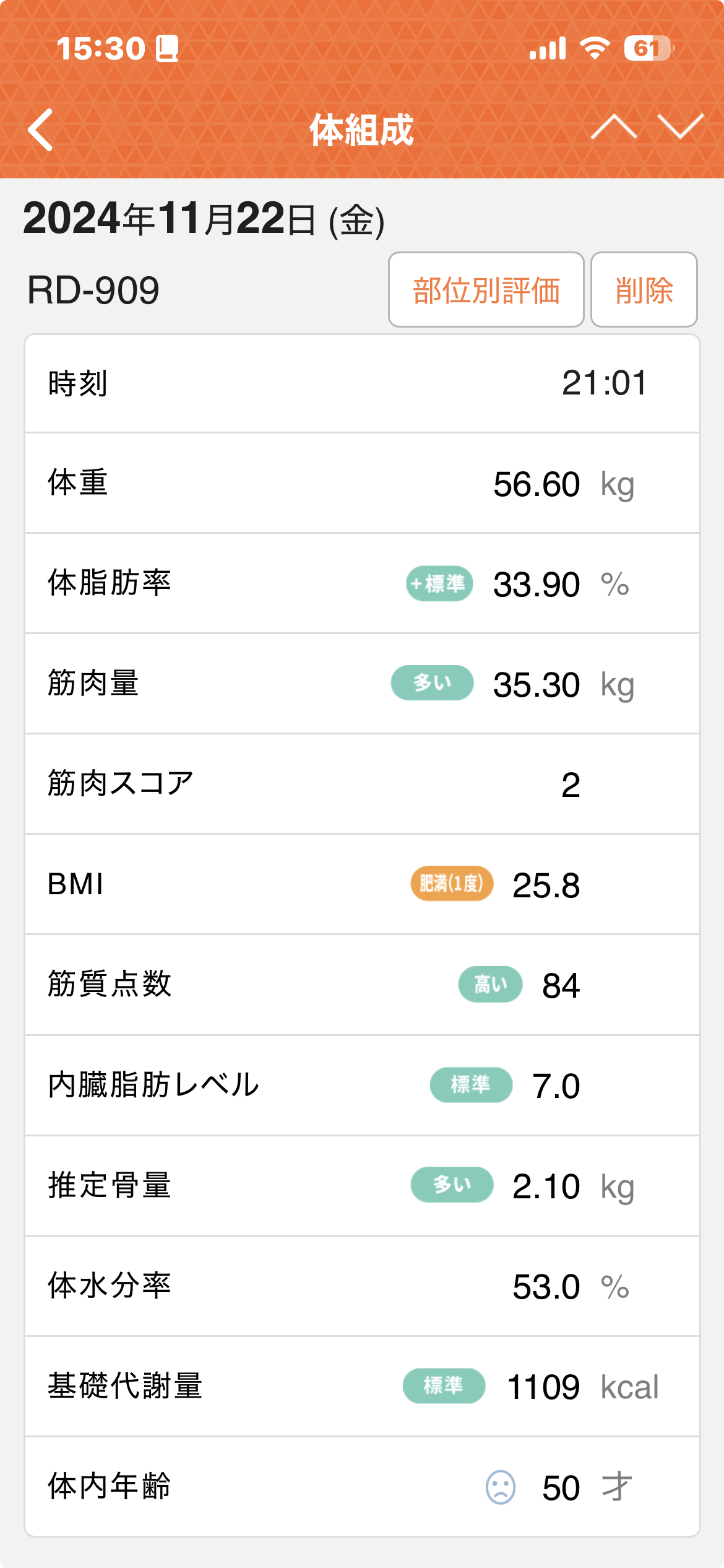開始時の体組成 2024年11月 体重56.60kg BMI25.8 体内年齢50才
