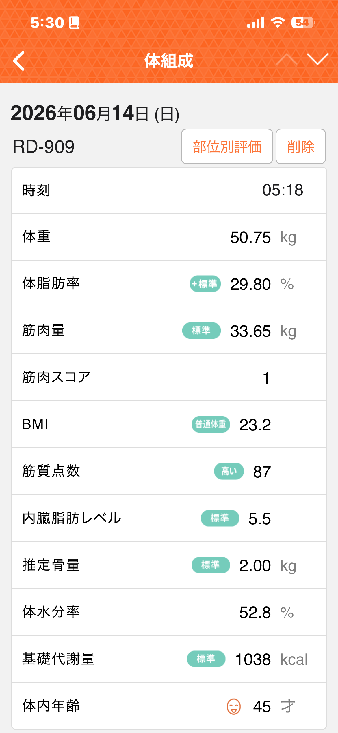 現在の体組成 2026年6月 体重50.75kg BMI23.2 体内年齢45才